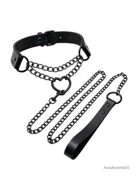 Gothic Heart Chain Collar Necklace with Leash, Vegan PU Leather, Punk Emo